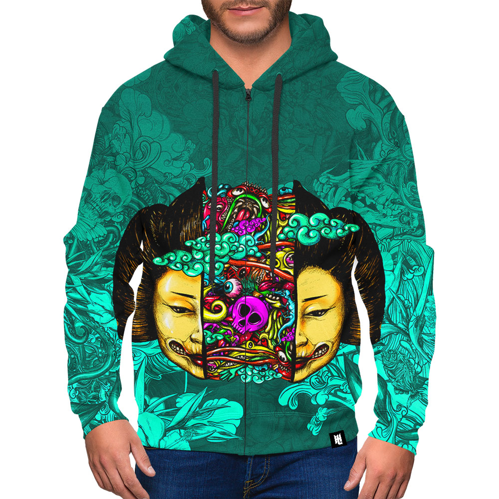 retro split joint printed hoodie with hat