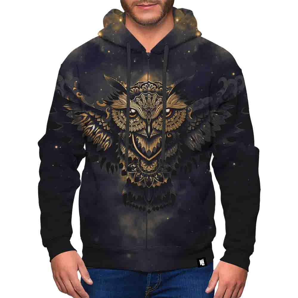 Cosmic Owl Mandala Gold Zip-Up Hoodie | Hoodie Lab