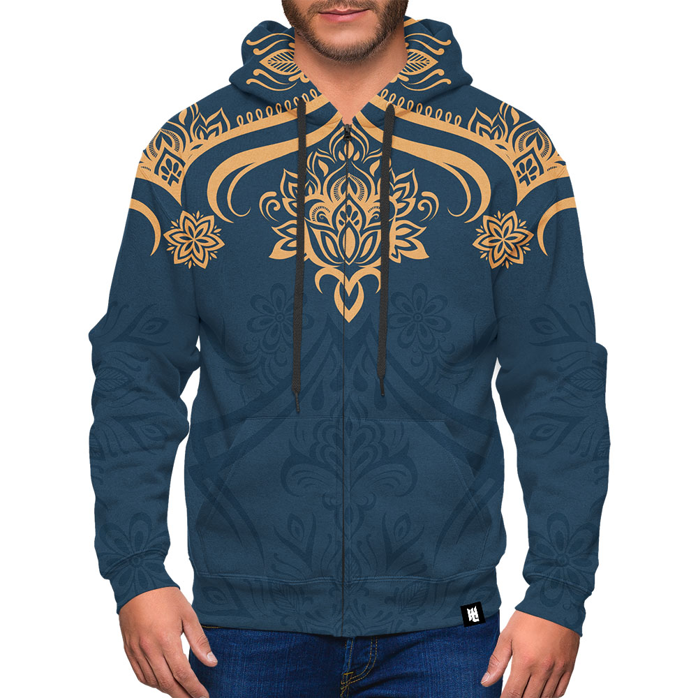 Oriental Flower Pattern Blue Zip-Up Hoodie | Hoodie Lab