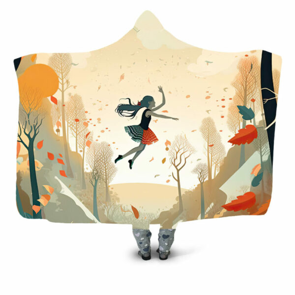 little girl flying through orange fall woods Hooded Blanket - Hoodie Lab