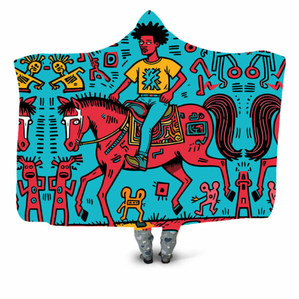 Jean Michel on a Red Horse Hooded Blanket - Hoodie Lab