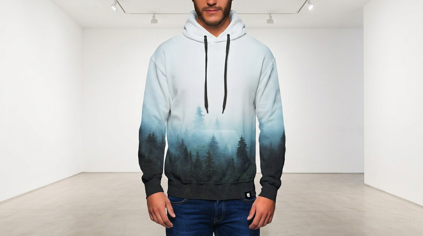 Model wearing a misty forest art hoodie by Hoodie Lab in a gallery