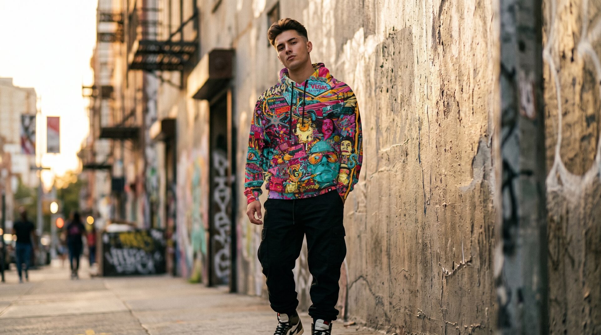 Model wearing a cool all-over-print hoodie by Hoodie Lab on a city street