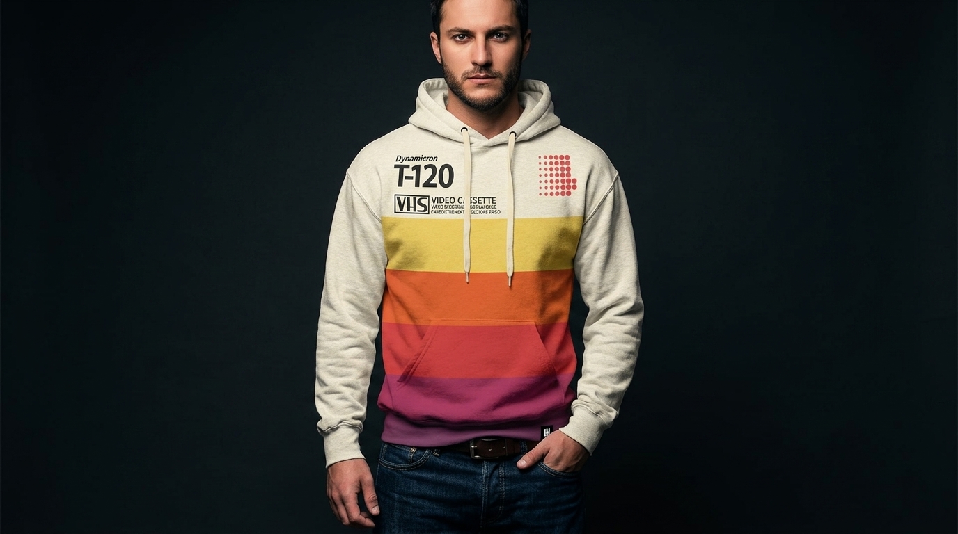 Model wearing a bold VHS graphic all-over-print hoodie by Hoodie Lab