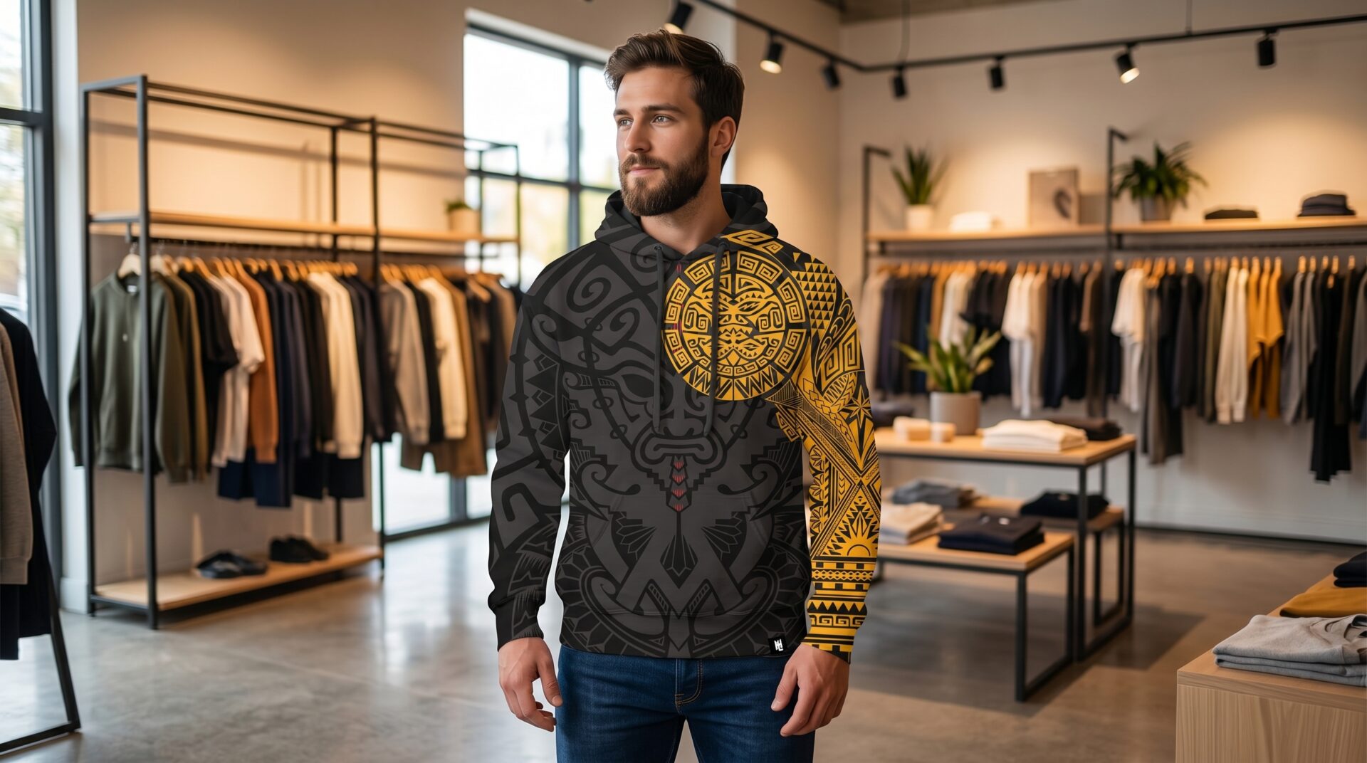 Model wearing a Hoodie Lab all-over-print hoodie in an apparel boutique