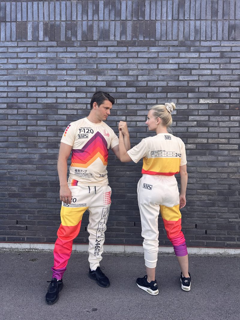 Two people wearing matching all-over-print joggers by Hoodie Lab