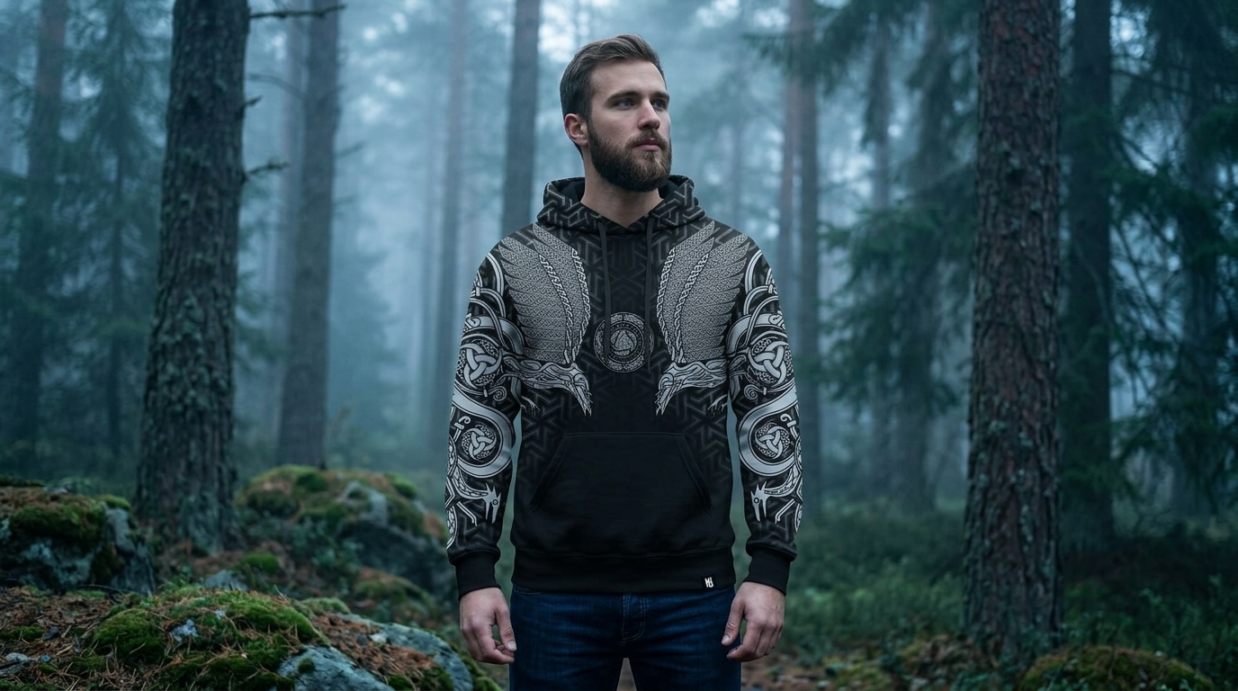 Model wearing a Norse Viking all-over-print hoodie by Hoodie Lab in a misty forest