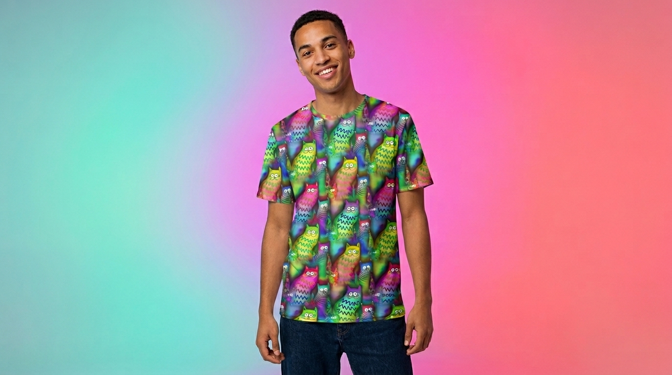 Model wearing a bright rainbow all-over-print t-shirt by Hoodie Lab