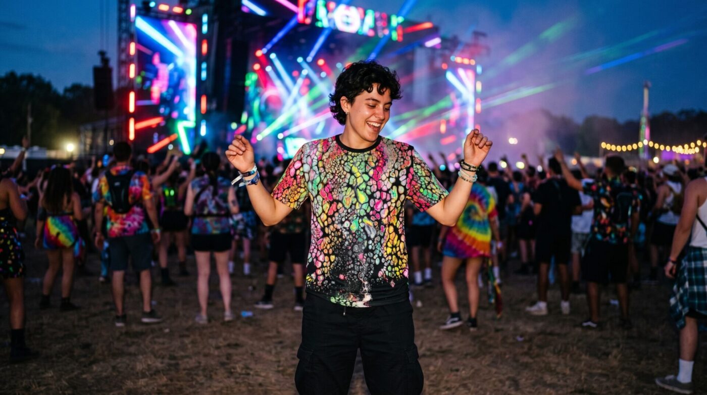 Person dancing at a festival in a neon psychedelic all-over-print rave t-shirt by Hoodie Lab