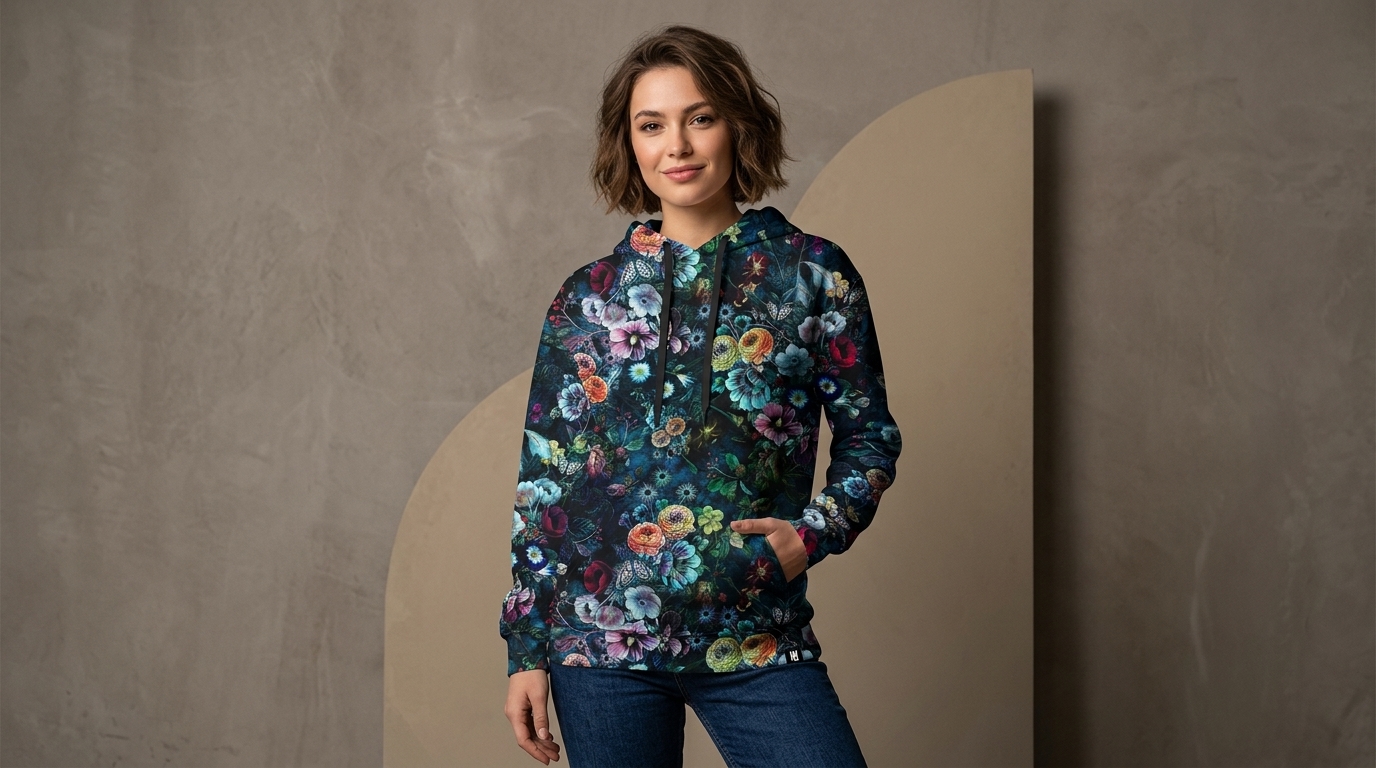 Model wearing a unique floral all-over-print hoodie by Hoodie Lab