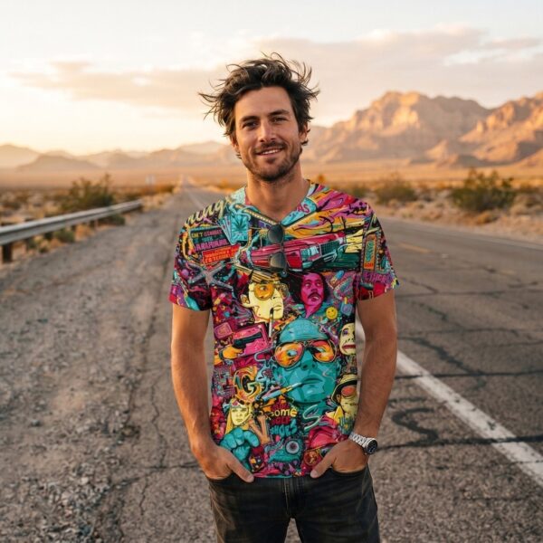Man wearing Fear and Loathing all-over print t-shirt
