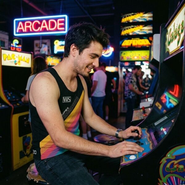 Man wearing VHS Cassette V02 all-over print tank top at an arcade