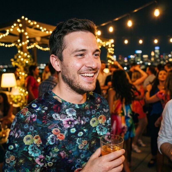 Man wearing Night Garden floral all-over print t-shirt at a rooftop party