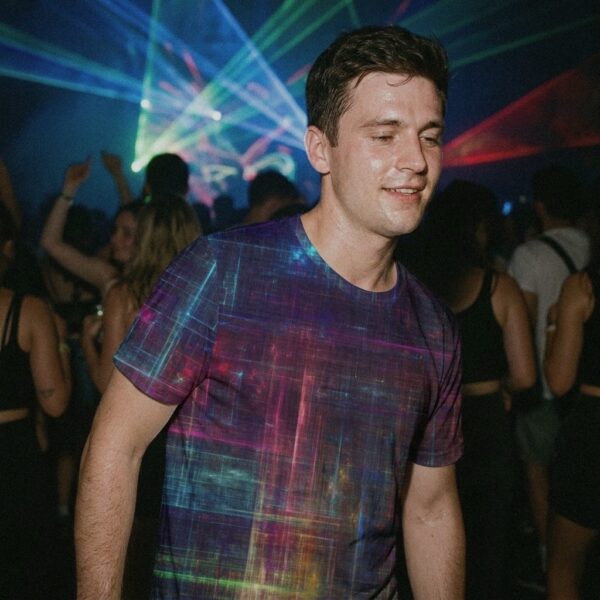 Man wearing Psychedelic Matrix Rainbow t-shirt at a night rave