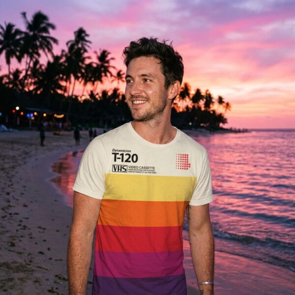 Man wearing VHS Cassette V01 retro t-shirt at the beach
