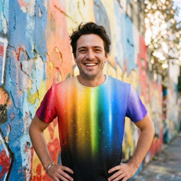 Man wearing Sparkling Rainbow t-shirt