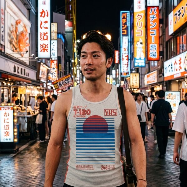Man wearing VHS Cassette V32 tank top on a neon street