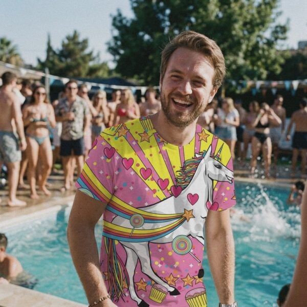 Man wearing Pink Unicorn t-shirt at a pool party