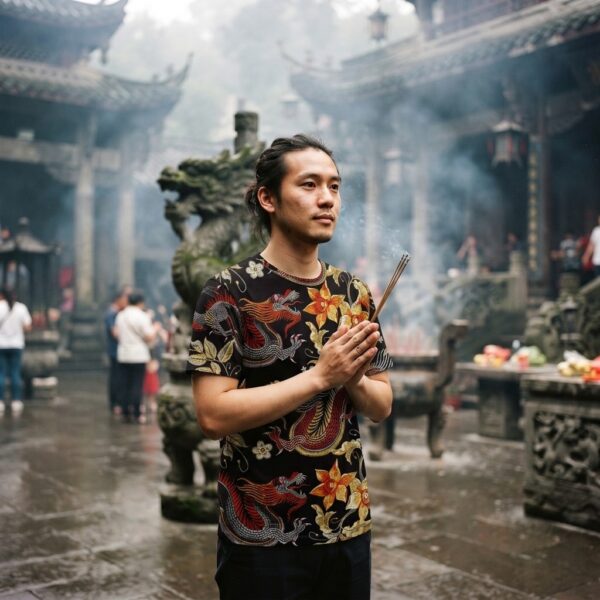 Man wearing Ancient Dragon t-shirt