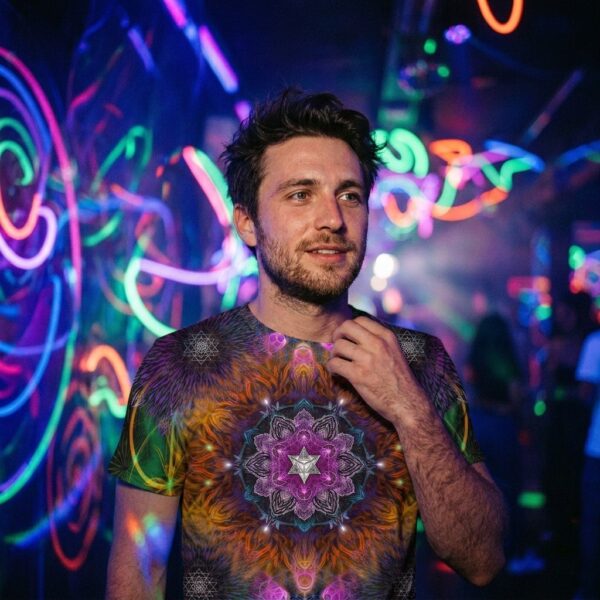 Man wearing Glow Sacred Geometry t-shirt