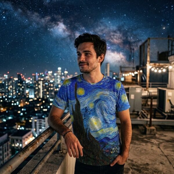 Man wearing Starry Night t-shirt on a rooftop