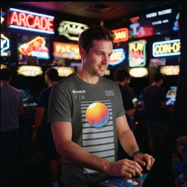 Man wearing VHS Cassette V09 t-shirt at an arcade
