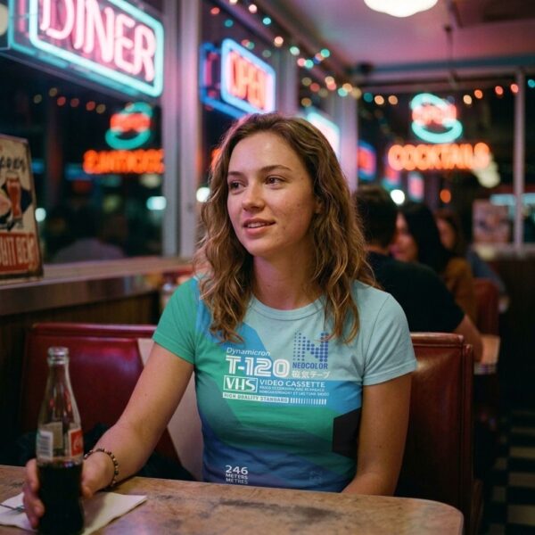 Woman wearing VHS Cassette V52 t-shirt at a diner