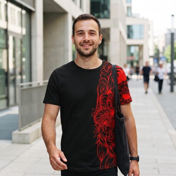 Man wearing Black Sleave t-shirt on a city street