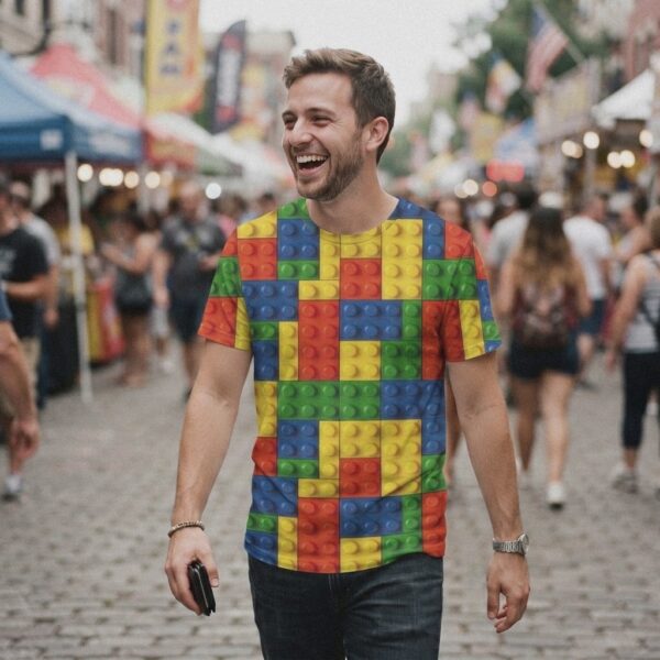 Man wearing Blocks all-over print t-shirt at a street fair