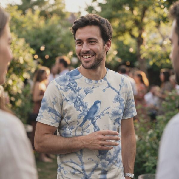 Person wearing Azure Whispers of Spring T-Shirt