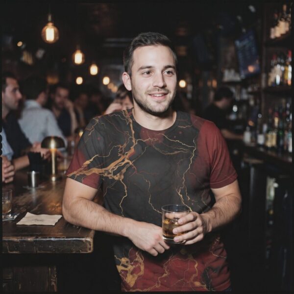 Person wearing Black & Red Marble T-Shirt