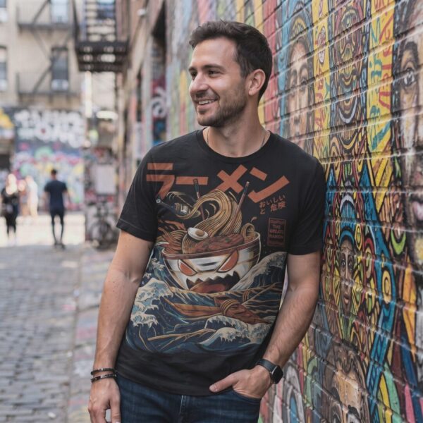 Man wearing Black Great Ramen t-shirt in a street-art alley