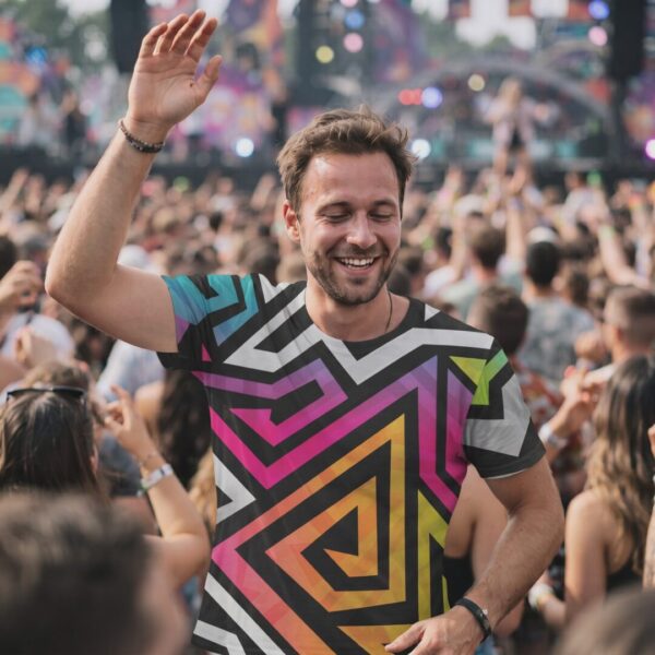 Man wearing Rainbow Maze t-shirt at a festival