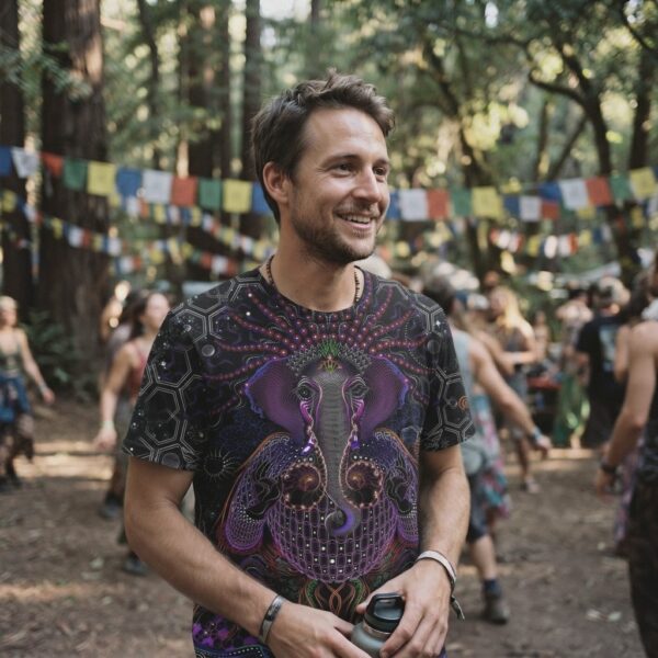 Man wearing Sacred Ganesha t-shirt at an outdoor gathering