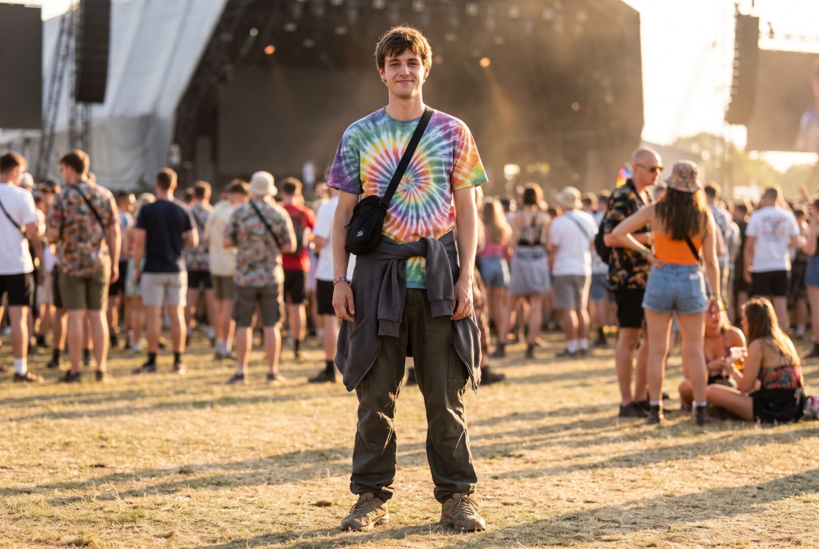 Mens rave outfit with graphic tee, hoodie tied around waist, cargos and trainers
