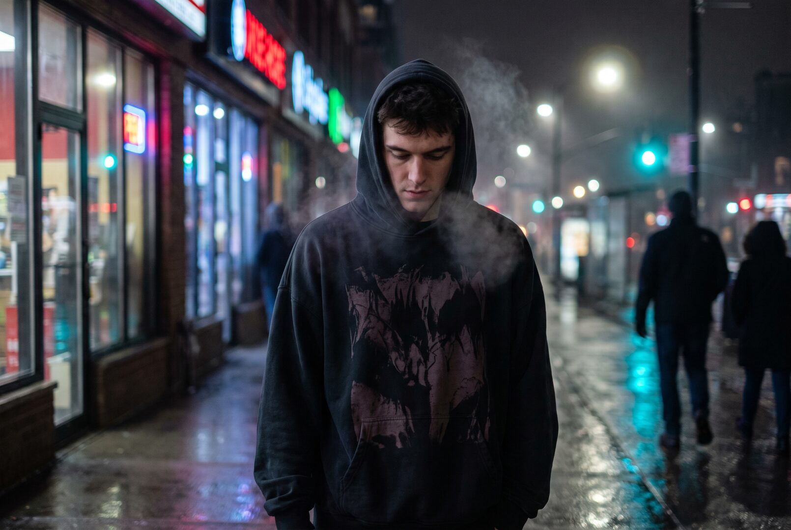 Man in a heavyweight graphic hoodie on a city street at night