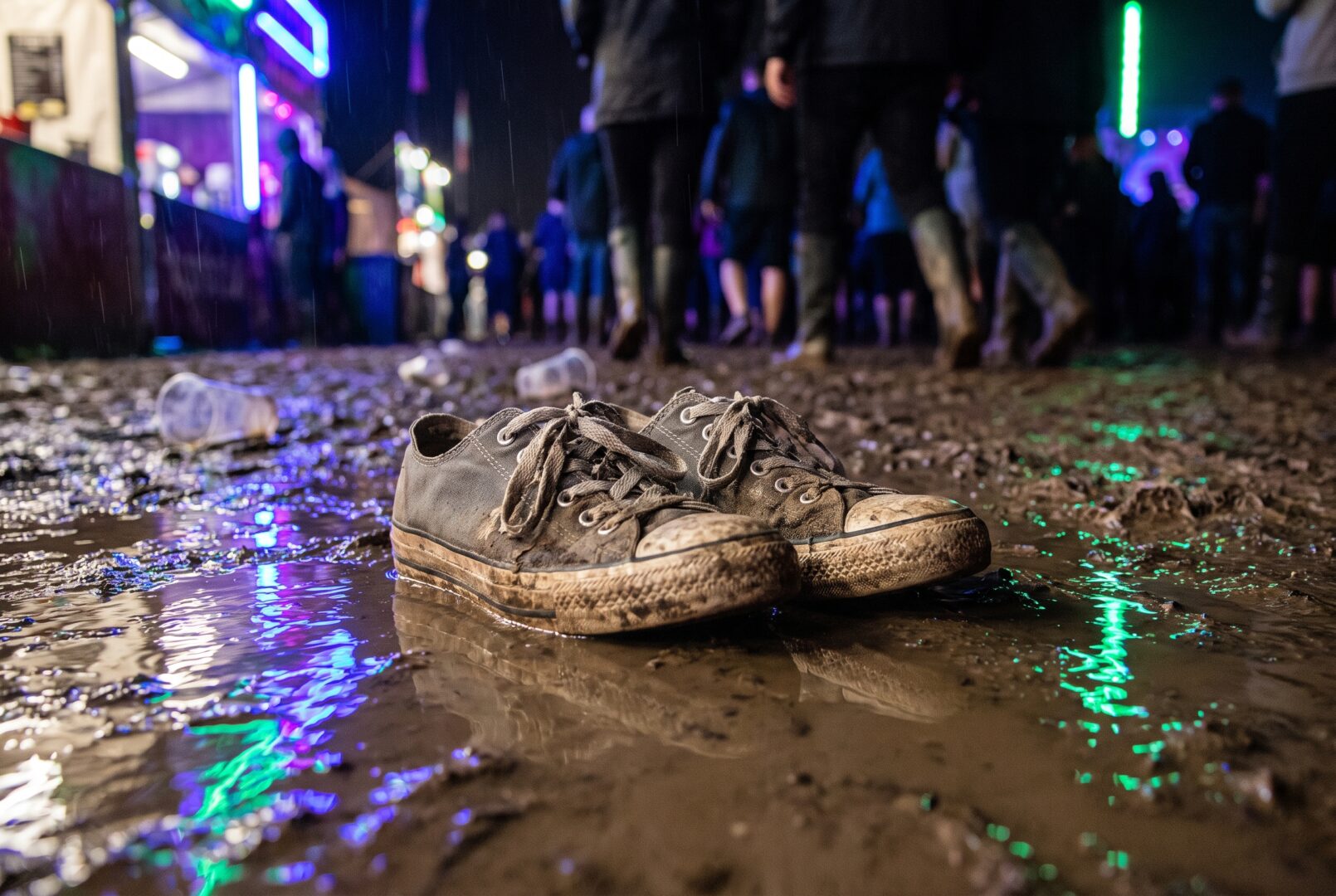 Worn trainers on a wet festival floor at night