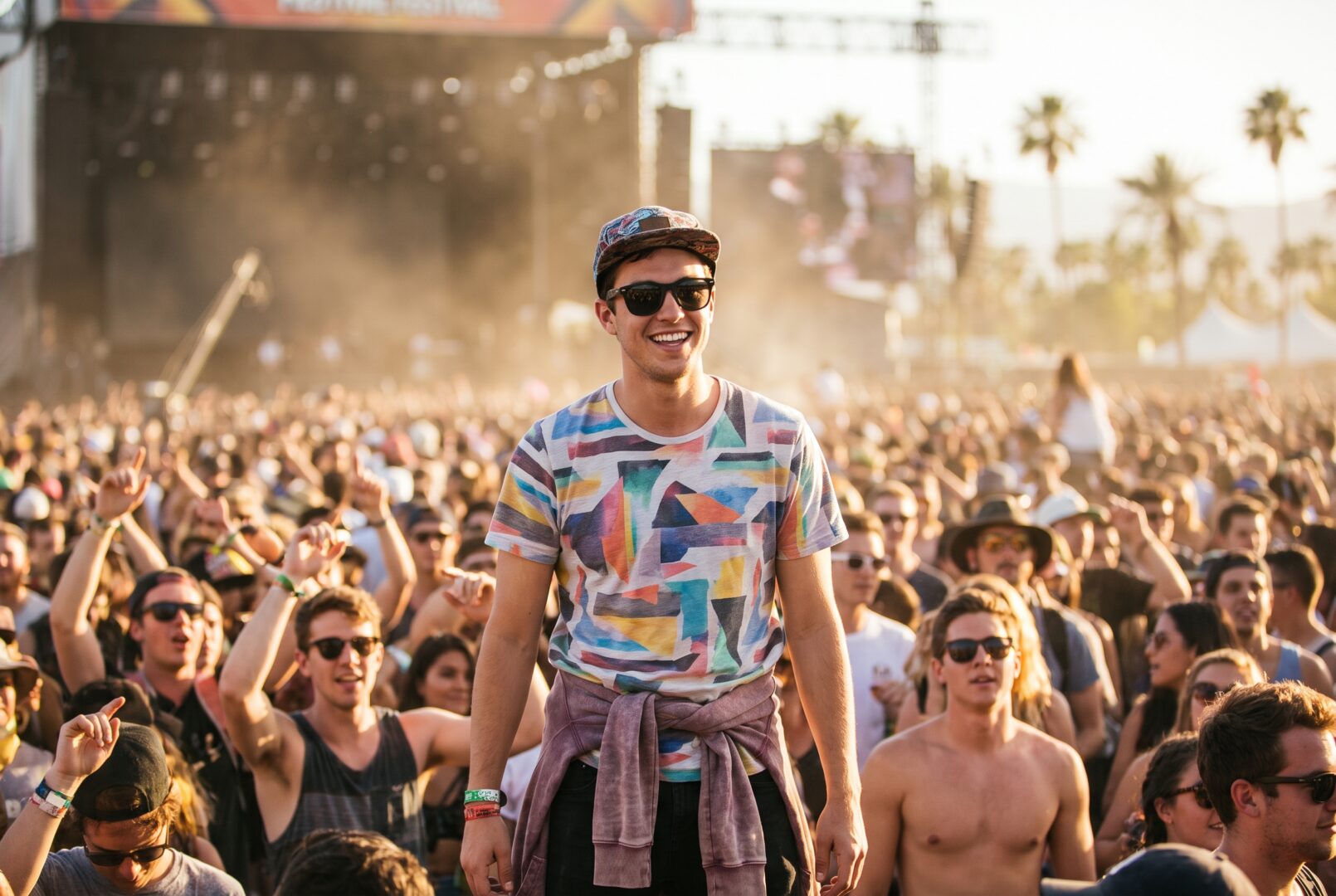 Mens daytime festival outfit with cap, sunglasses and hoodie tied on
