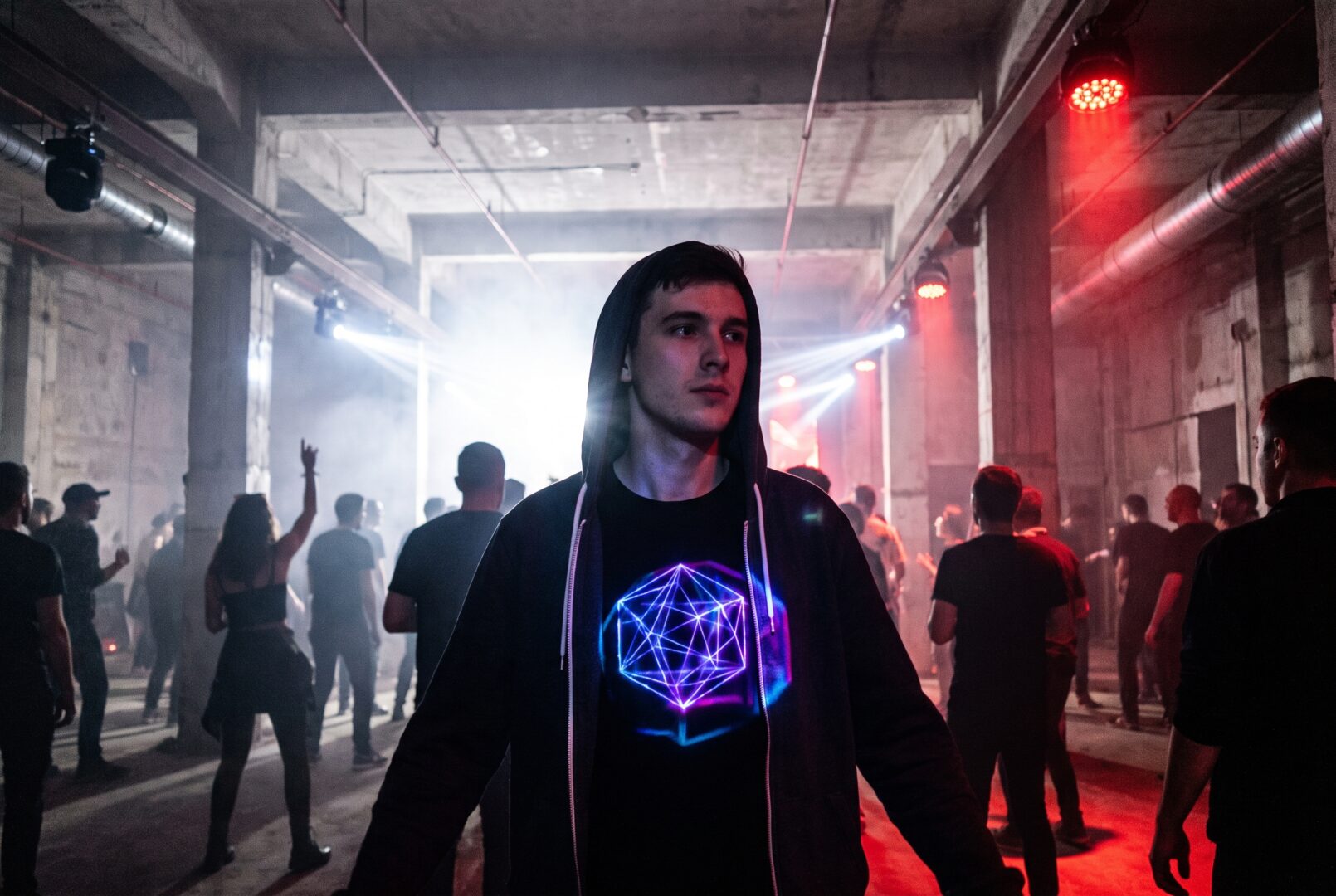 Man in an all-black outfit with a bold graphic at a dark techno warehouse
