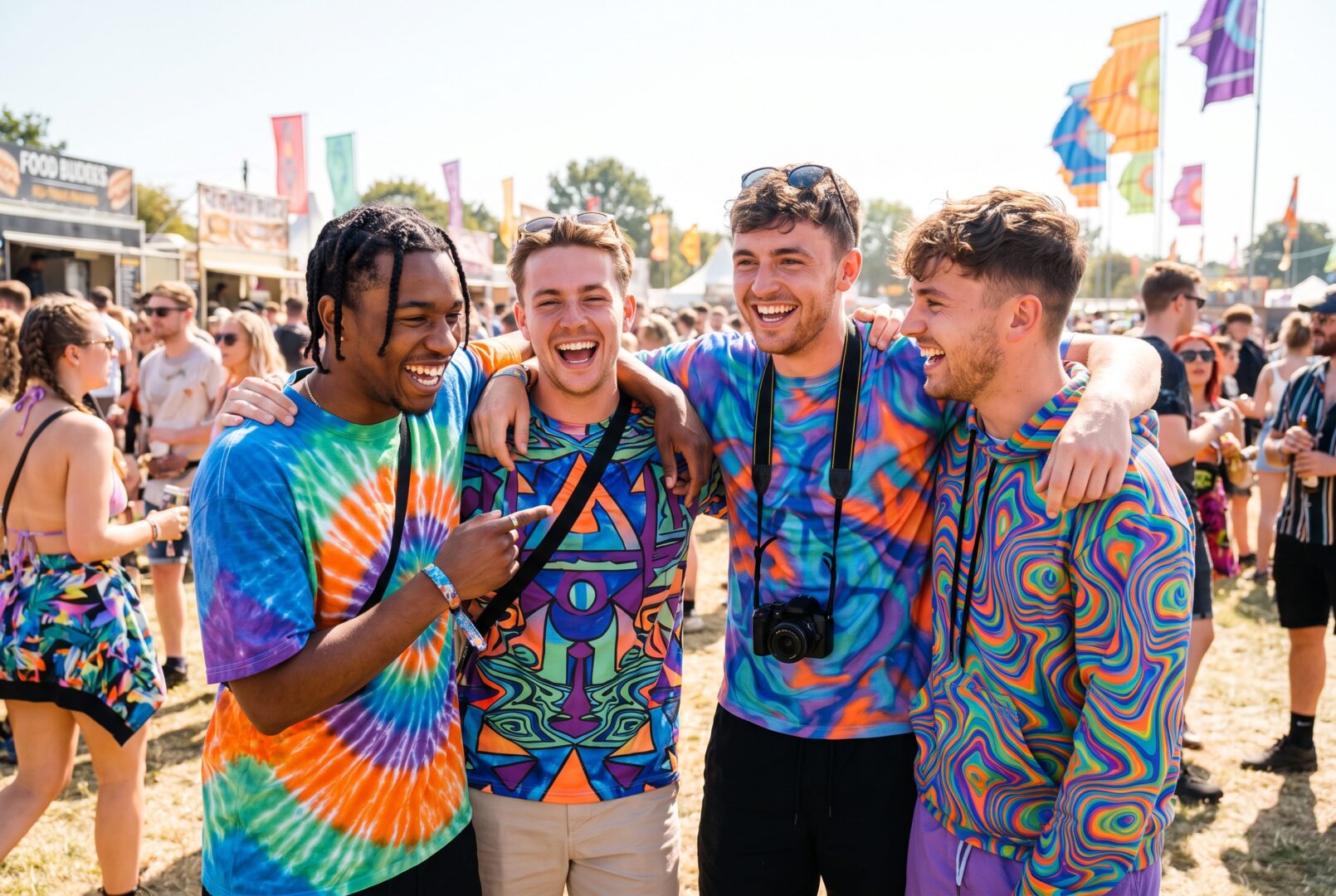 Group of men at a festival in bold graphic tees and hoodies