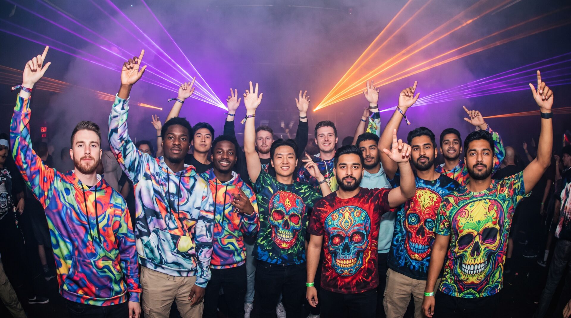 Diverse group of men at a night rave in bold graphic hoodies and skull-print shirts