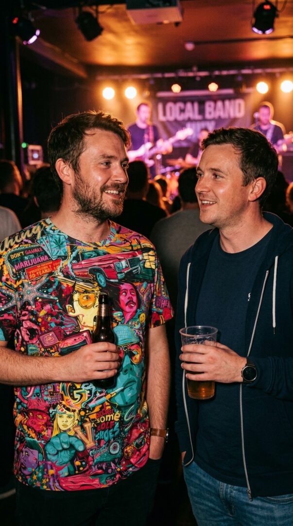 Two men with drinks at a small music venue, one in a colourful all-over-print t-shirt