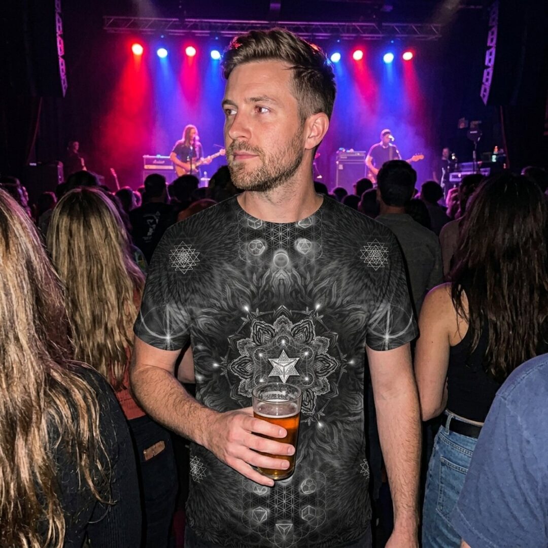 Man in the crowd at a lit stage wearing a sacred geometry all-over-print t-shirt