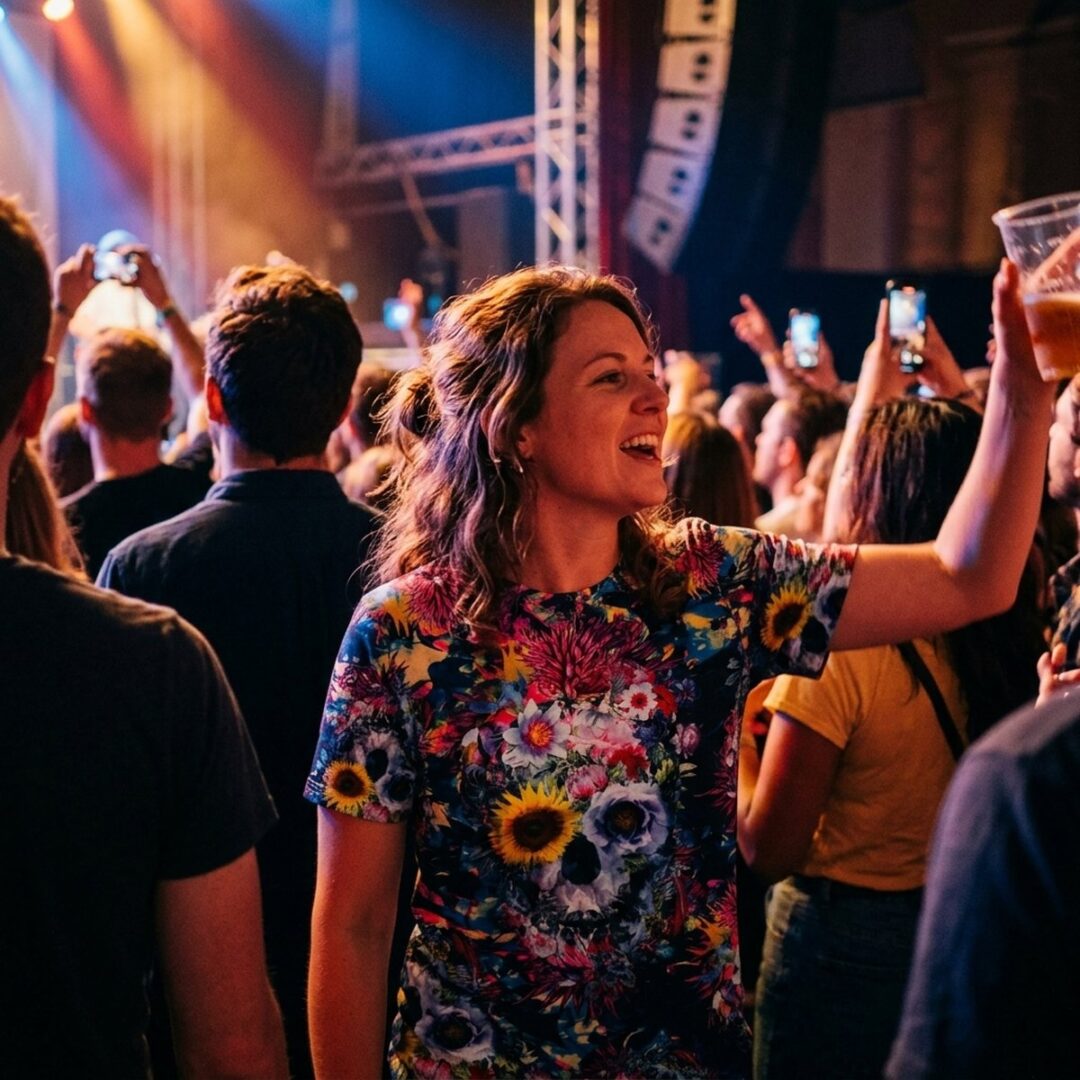 Woman in a gig crowd wearing a floral skull all-over-print t-shirt