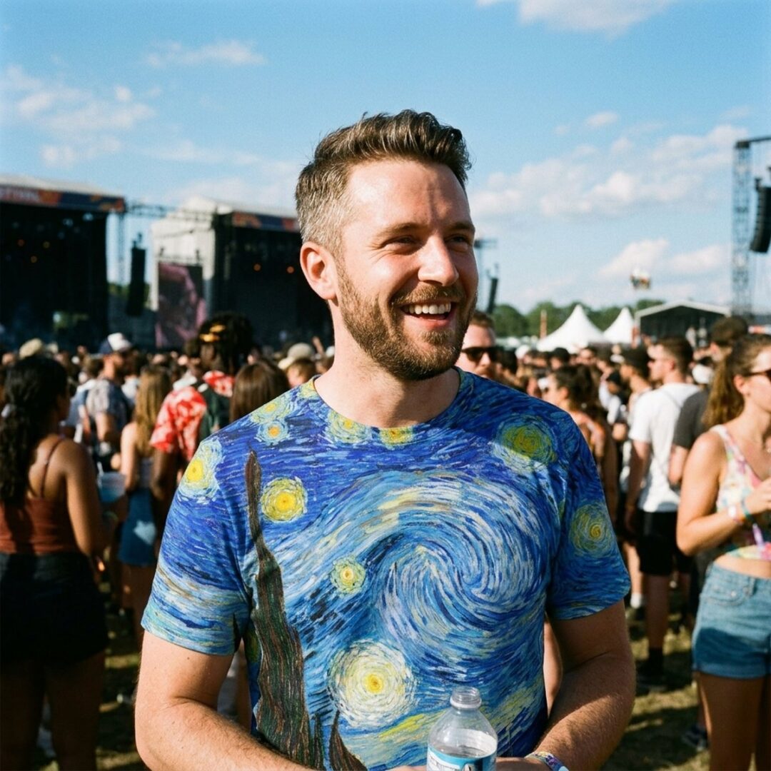 Man at a daytime outdoor music festival wearing a Starry Night all-over-print t-shirt