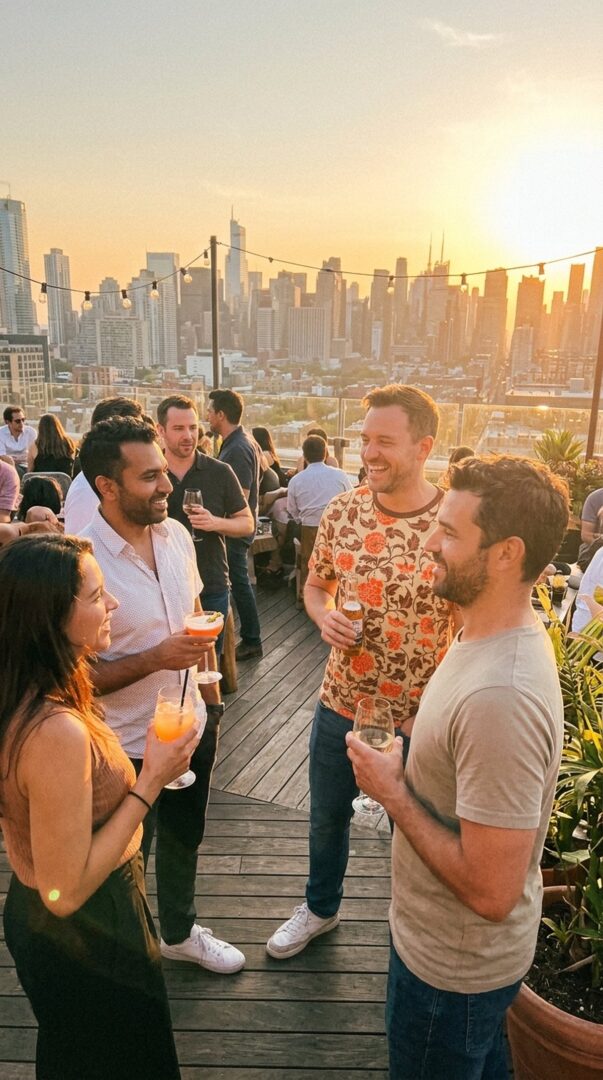 Friends at a rooftop party at golden hour, one in a floral all-over-print t-shirt