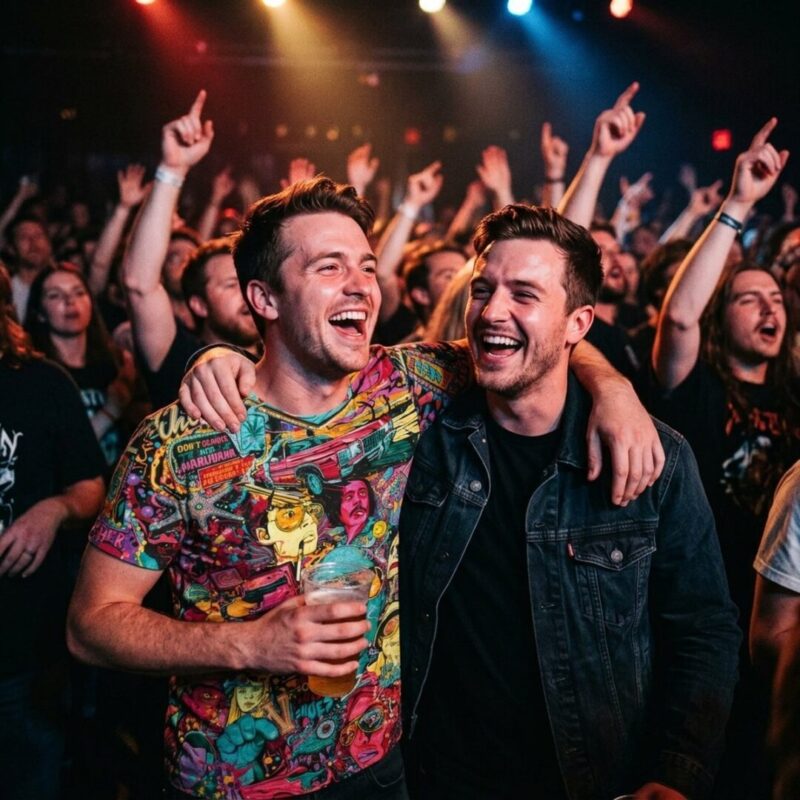 Two friends in a gig crowd, one wearing a bold all-over-print graphic t-shirt