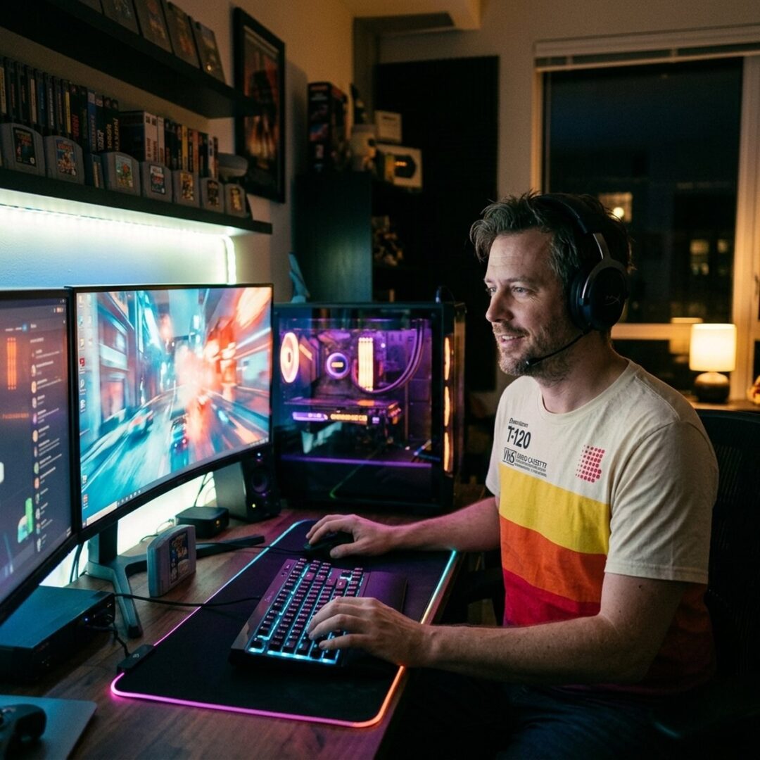 Man at a gaming desk wearing the VHS Cassette V01 tape print t-shirt