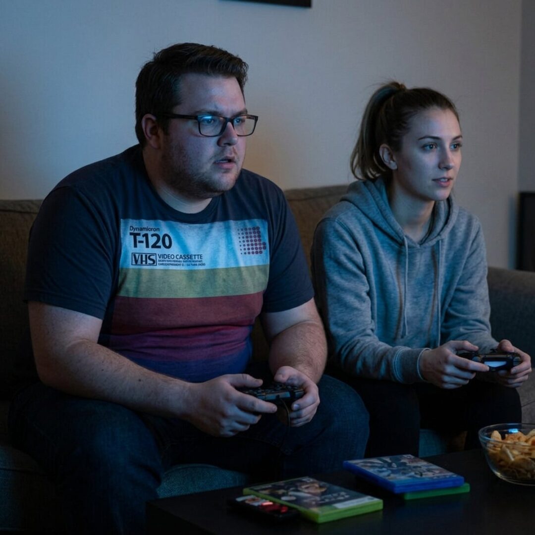 Couple playing console games, one in a VHS tape print t-shirt