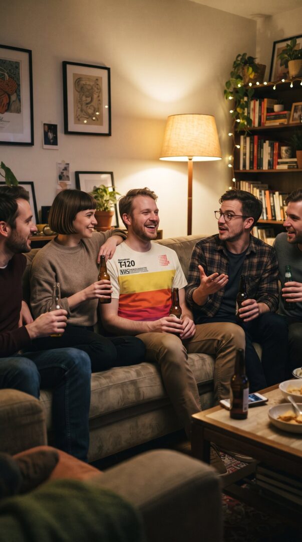Group of friends at a house party, one wearing a VHS tape print t-shirt
